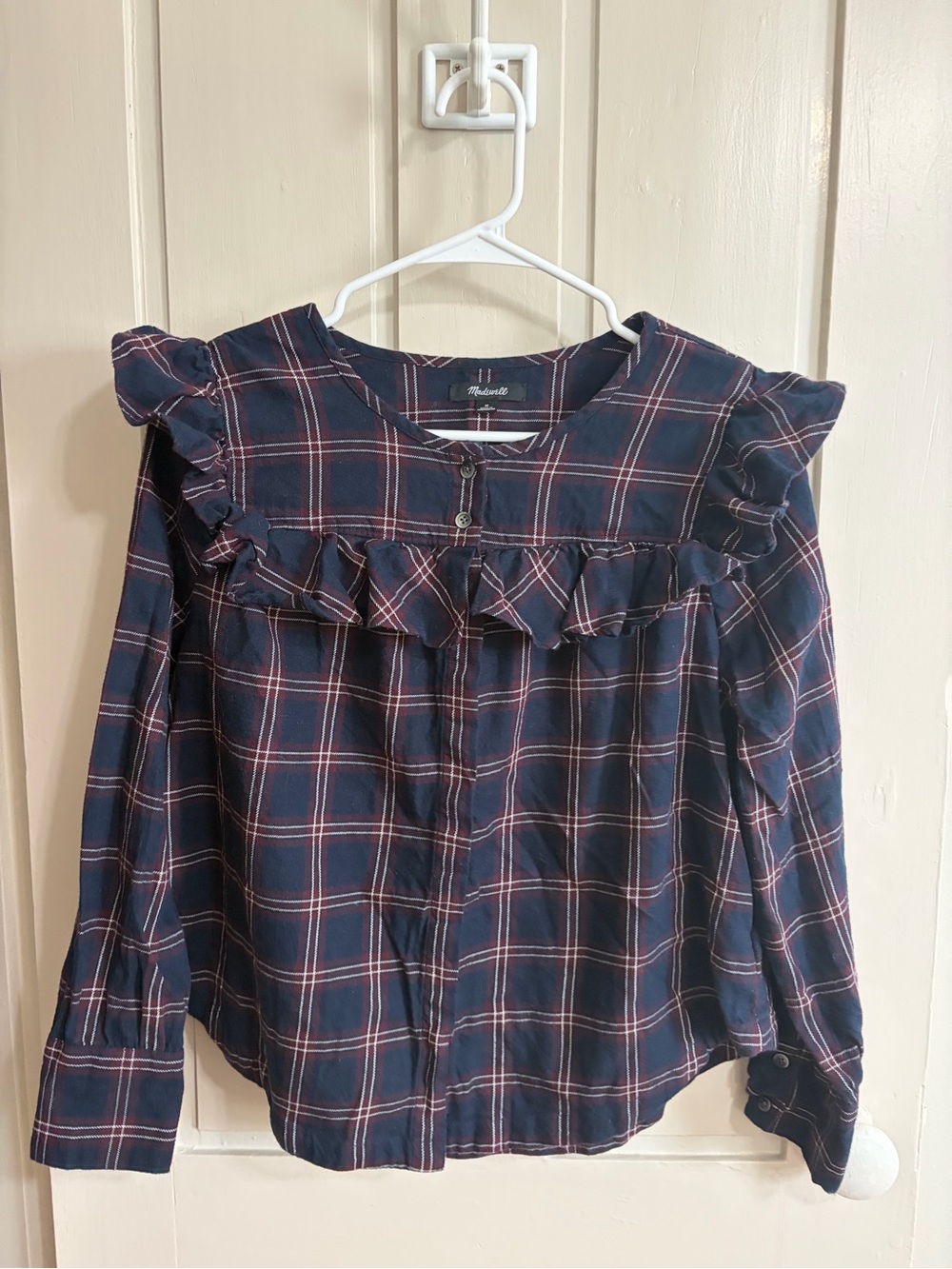 Madewell Navy Plaid Ruffle Blouse